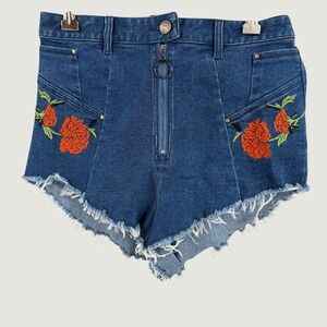 Finders Elysian Embroidered Denim Cut Off Shorts Size Small Floral Zip Front New